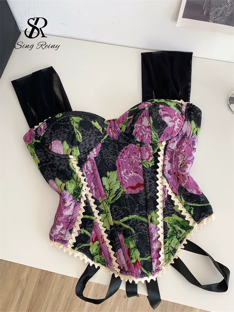 SINGREINY américain rétro imprimé soirée Camisole femme sangle dentelle épissé haut mince 2025 Streetwear Floral Vintage plage débardeur
