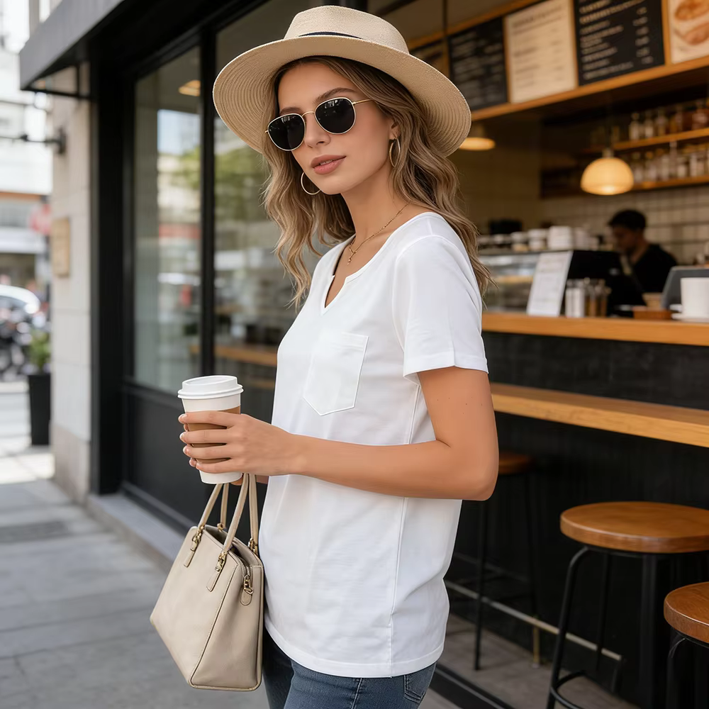 T-shirt blanc à col en V pour femme avec poche poitrine – Coupe décontractée