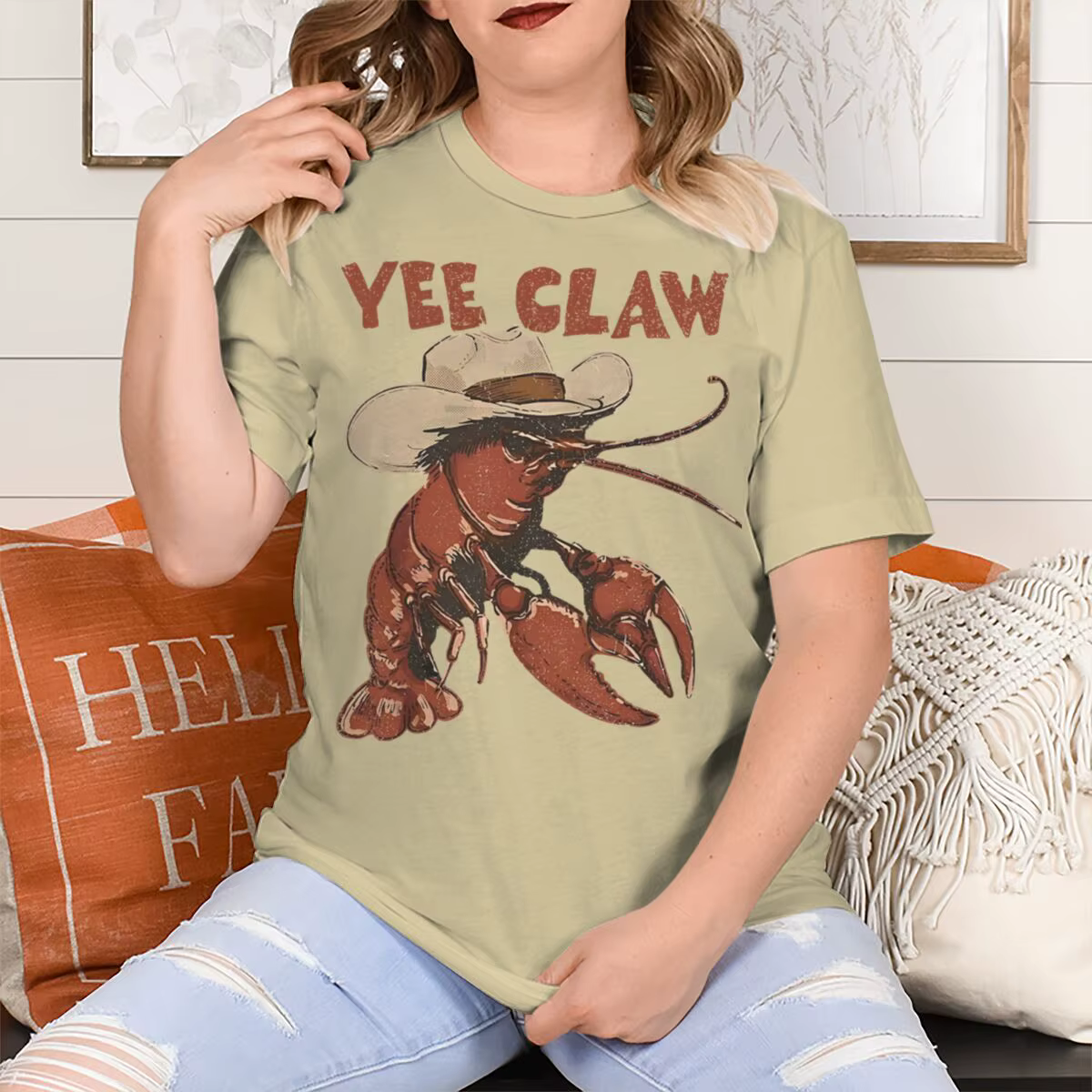 T-shirt unisexe tendance « Yee Claw » vintage à motif homard, manches courtes, col rond, streetwear amusant pour femmes et hommes