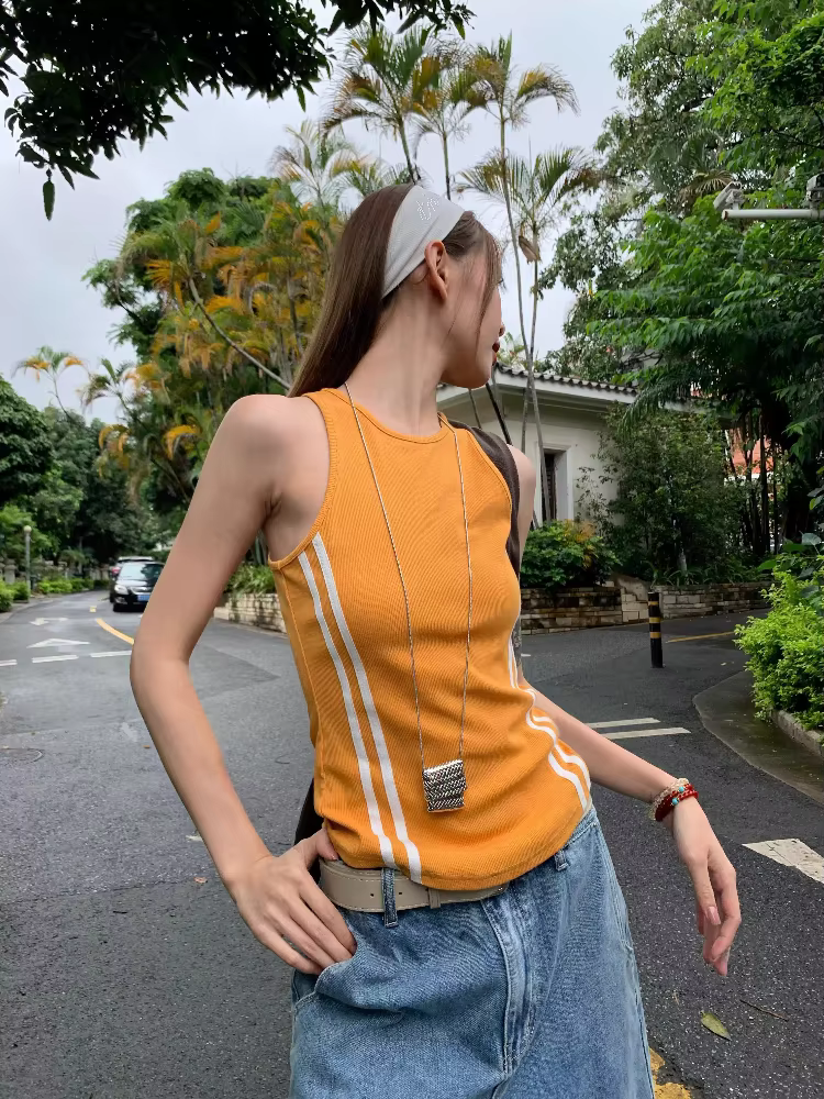 Débardeur côtelé orange vif à rayures contrastées pour femme