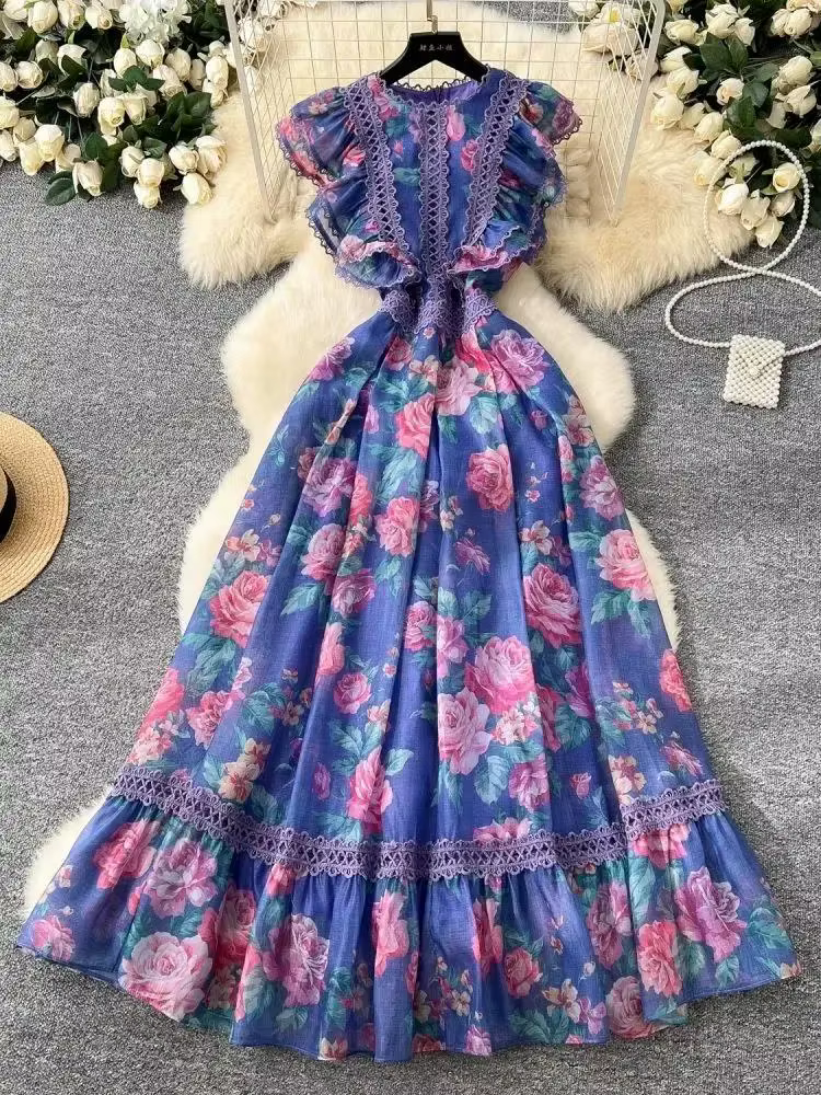 Femmes manches papillon plage Boho volants longues robes vacances d'été dentelle évider épissure magnifique fleur en
