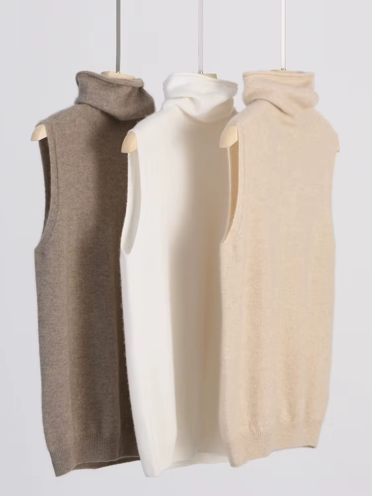 Femmes 100% laine mérinos pulls sans manches col roulé pull gilet