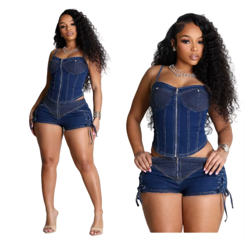 Sexy Jean tenues femme ensemble couture Denim Corset haut et Short costume Y2k décontracté été 2025 deux 2 pièces correspondant ensembles courts