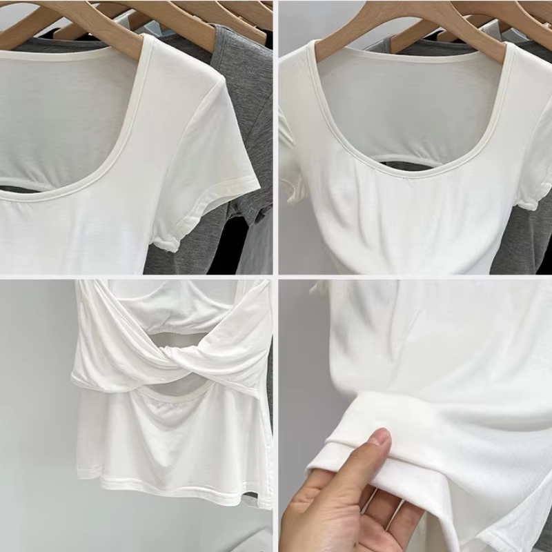 Femme col carré hauts de haute qualité plaine dos nu à manches courtes T-Shirt avec soutiens-gorge coussinets femmes Sexy Street Wear t-shirts 2026