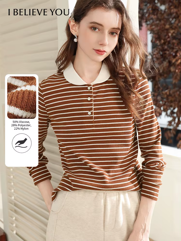 Je crois vous hauts à manches longues pour femme 2025 hiver rétro marron rayé col rabattu tricot T-shirt