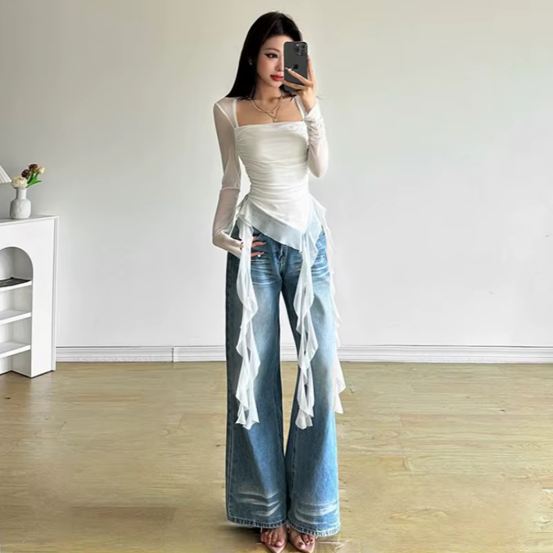 T-shirt manches longues à volants pour femmes