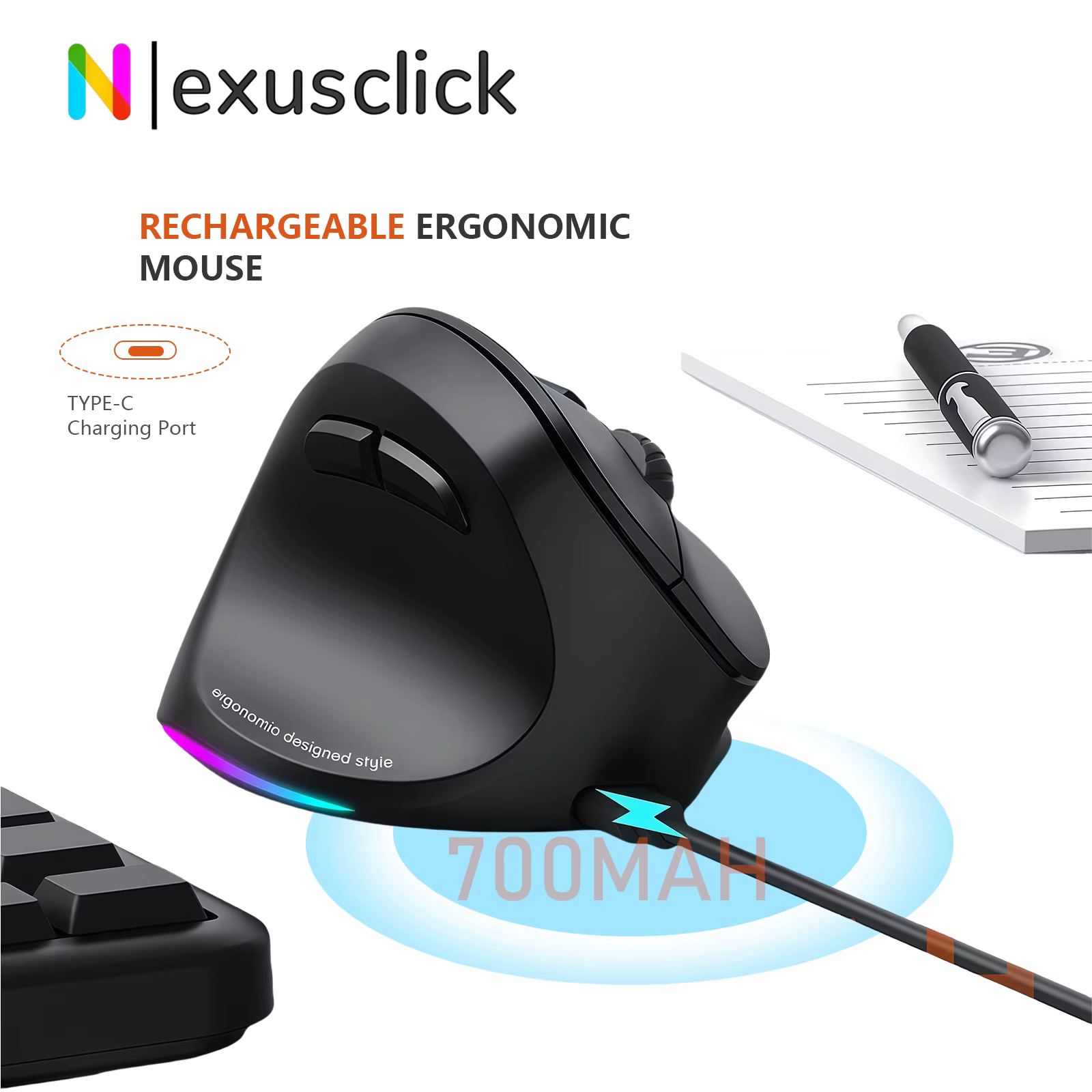 Souris sans fil ergonomique verticale pour gaucher Meetion BTM010, rechargeable, rétroéclairée RGB, souris de jeu anti-fatigue, pour le bureau