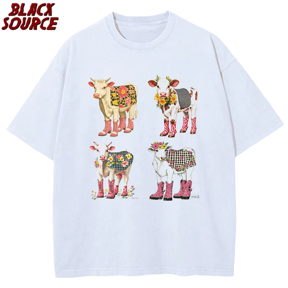 T078 T-Shirt imprimé vache de dessin animé mignon pur coton lavé épaule col rond Style neutre mode tendance nouveau court de haute qualité
