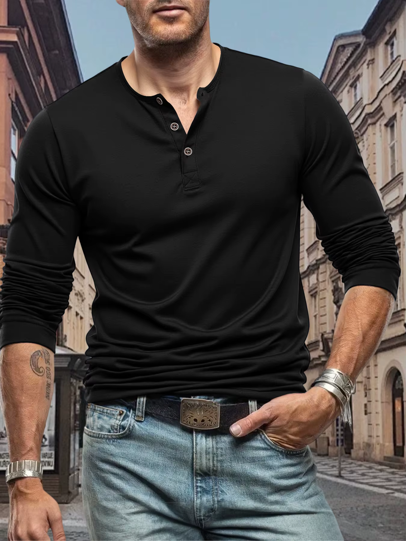 T-Shirt homme manches longues hauts t-shirts de rue col Henley bouton sport