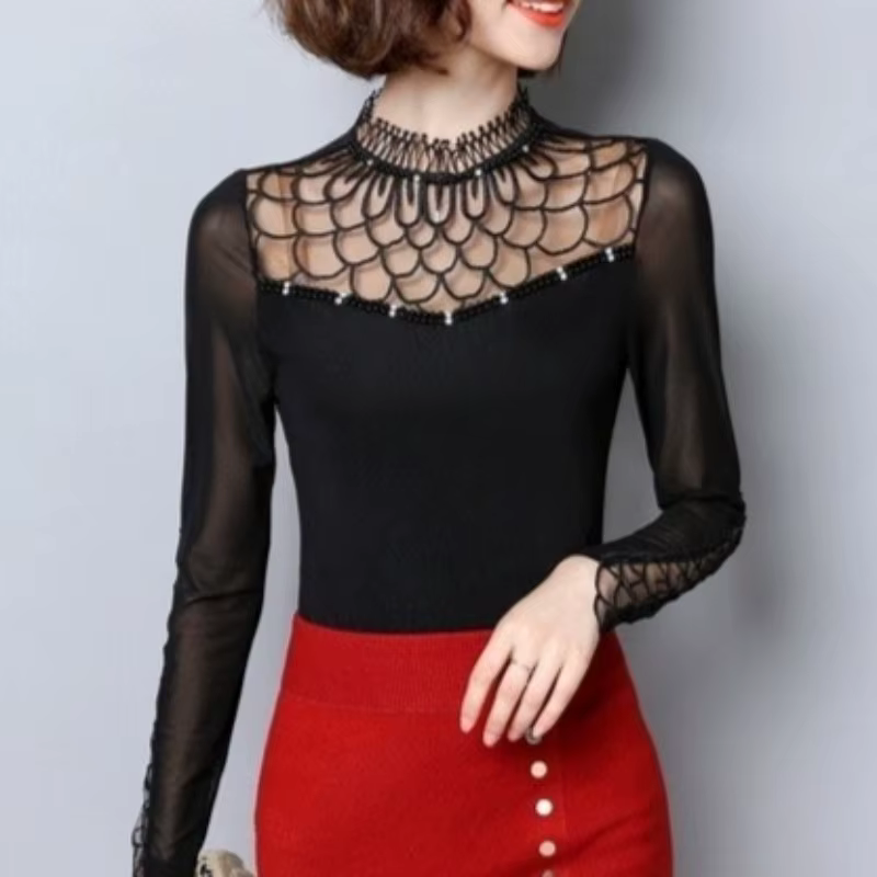 Chemise à manches longues pour femmes, chemisier tendance, chemisier à découpes en dentelle, haut élégant, patchwork fin