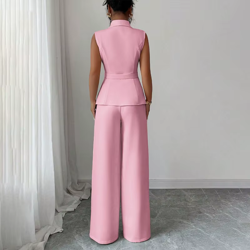Ensemble élégant 2 pièces pour femme : Gilet blazer sans manches à col en V et pantalon large – Tenue de bureau professionnelle