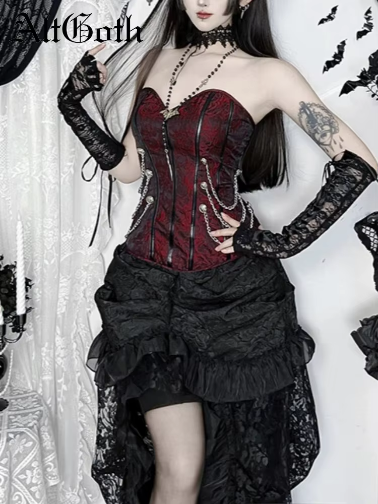 Cyber Punk gothique gilet femmes Vintage Streetwear Harajuku Y2k e-girl Emo Grunge chaîne Patchwork sans bretelles
