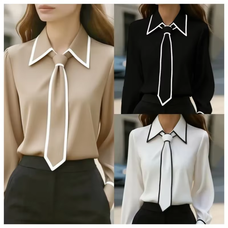 Chemisier pour femmes, chemise à la mode, nœud papillon formel, manches longues, garniture contrastée, vêtements de travail ajustés, chemises de bureau élégantes pour dames