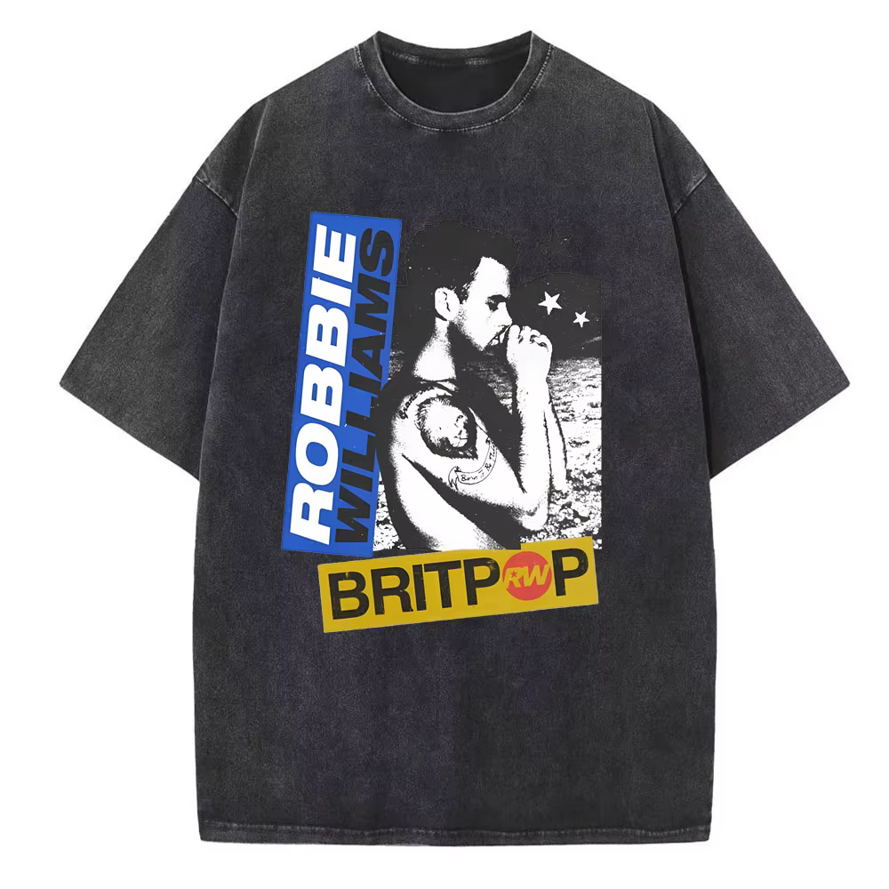 Robbie-Williams Tour 2025 T-shirt délavé Vintage col rond homme femme haut cadeau