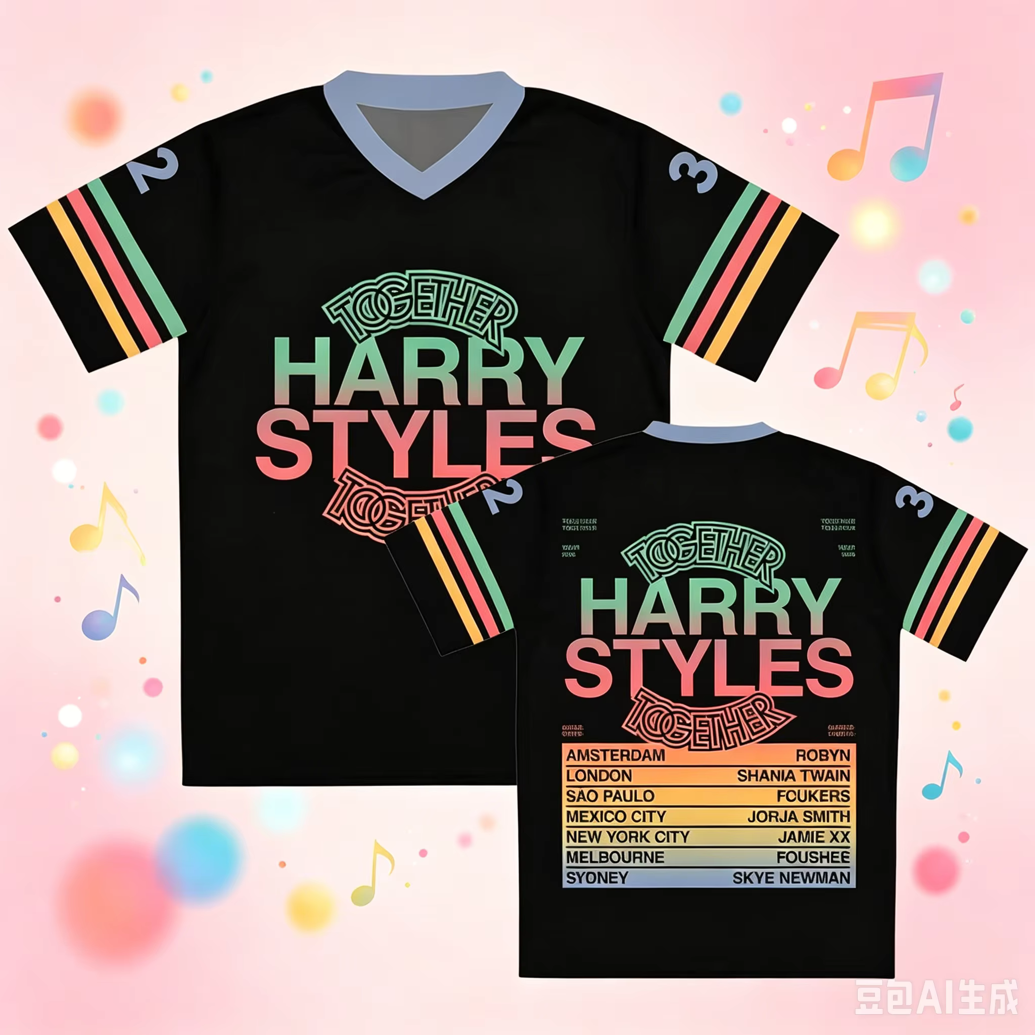 T-shirt à manches courtes et col en v pour hommes et femmes, décontracté, design d'été, imprimé en 3D, HarryStyles Together Tour, nouveaux hauts