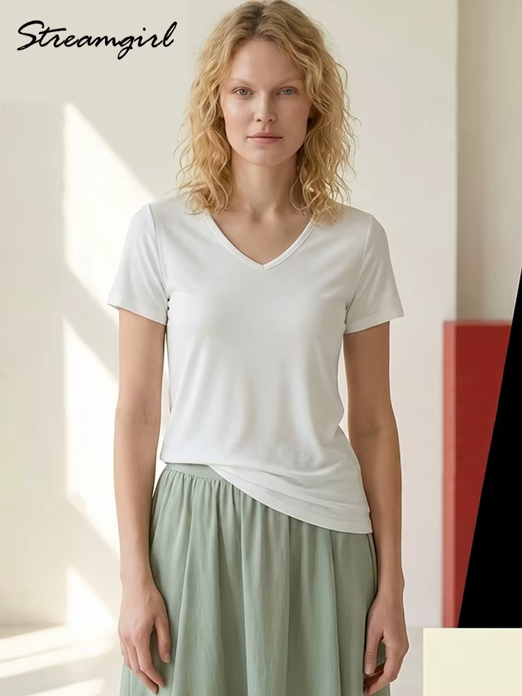 T-shirt Streamgirl d'été en modal à col en V et manches courtes pour femme