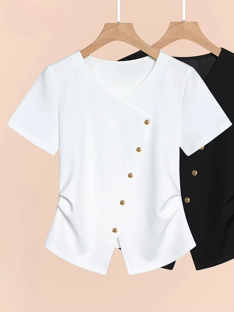 T-Shirt blanc à la taille pour femmes, Style français, col en V, manches courtes, chemisier à la mode, été 2025