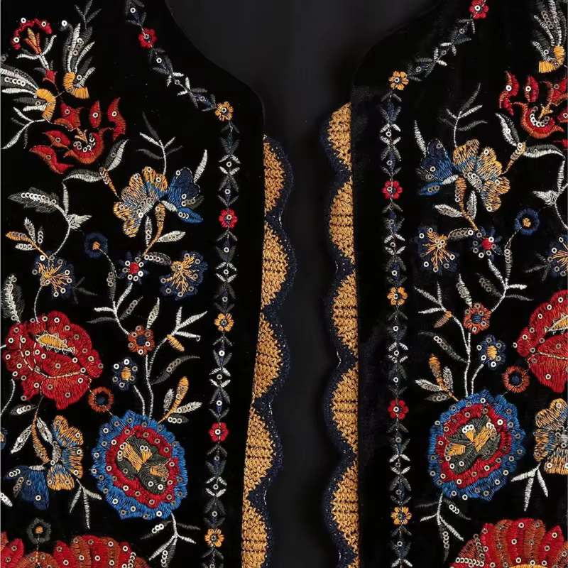 Gilet en Velours Brodé de Fleurs pour Femme, Tenue Décontractée, Couture Ouverte, Style Ethnique