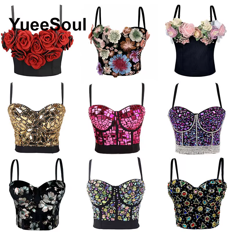 Hauts courts noirs 2025, nouveau Y2K gothique, fête de mariage, Club, rue, décontracté, Sexy, débardeur, perles, paillettes, Corset, vêtements pour femmes