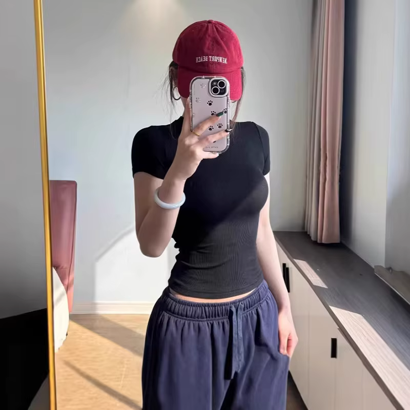 Tops courts d'été à col rond et très élastiques pour femmes, hauts à manches courtes, blouses sexy à enfiler, t-shirts slim