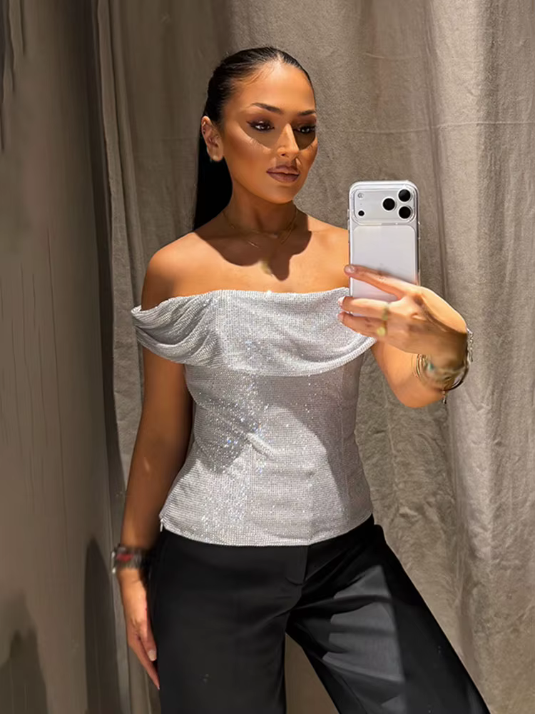 HH femmes nouvelle mode sans manches hauts courts argent une pièce col dos nu diamant décoration femme été Sexy haut mince
