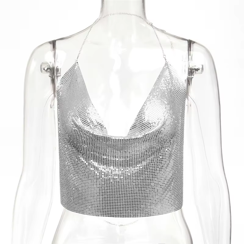 2026 Crop top femme en sequins métalliques scintillants