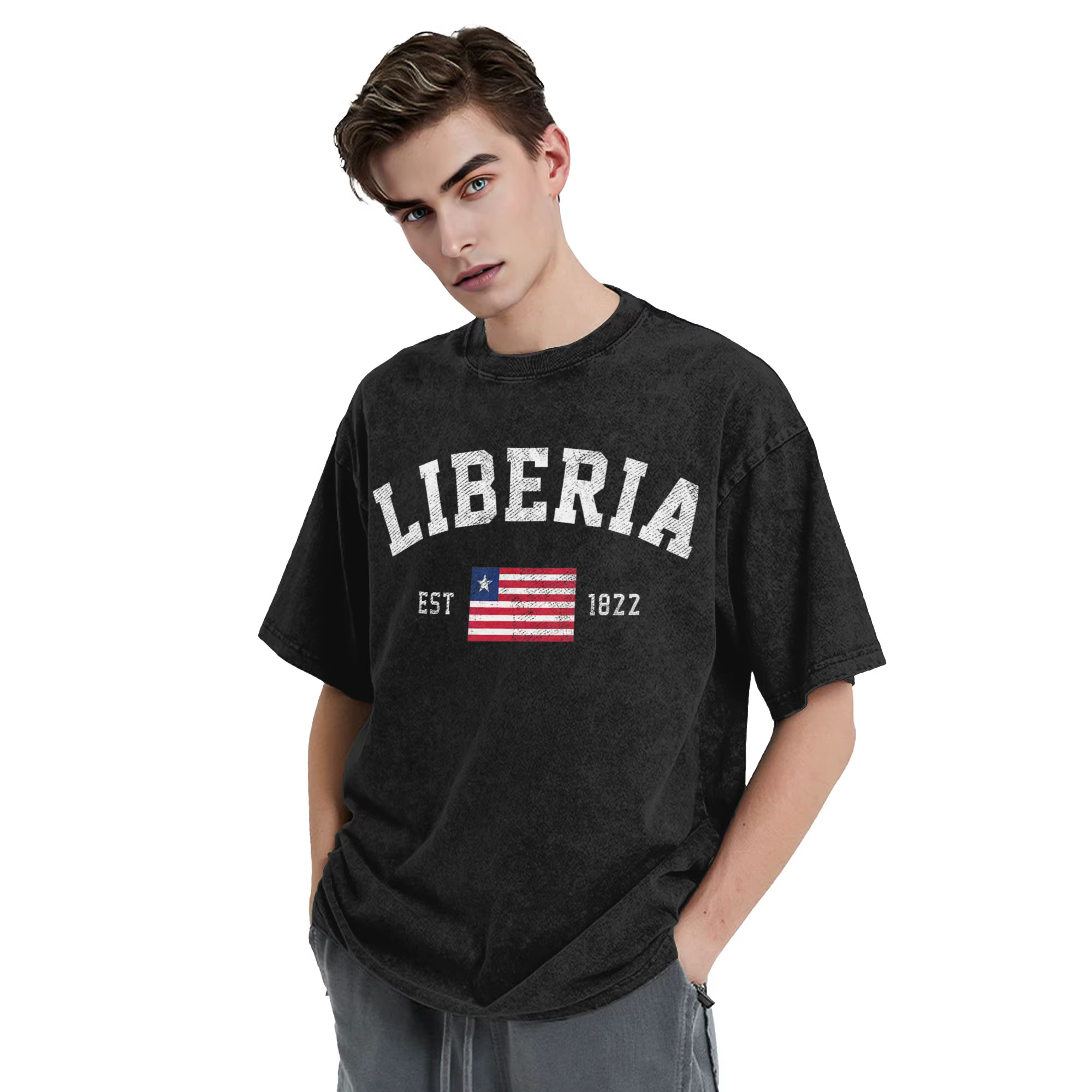 T-shirt délavé pour la Journée de l'Indépendance de la Libéria, mode streetwear pour hommes et femmes, t-shirt oversize 100% coton