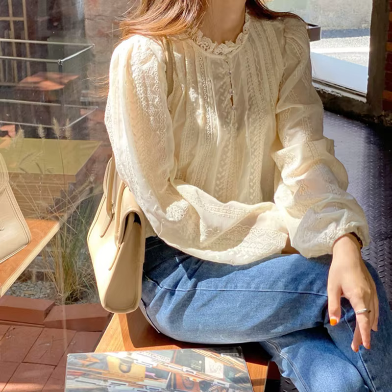 Élégant dentelle femmes mode Blouse nouveau printemps automne à manches longues décontracté bureau chemise ample dames col montant haut Simple vêtements
