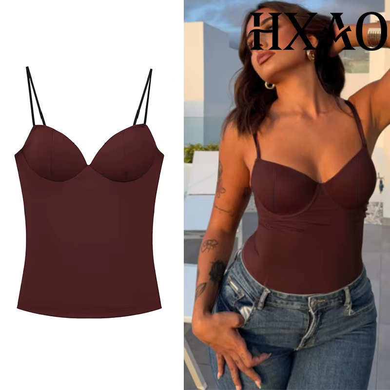 HXAO hauts courts sans manches pour femme Corset Camisole haut marron femmes moulante dos nu