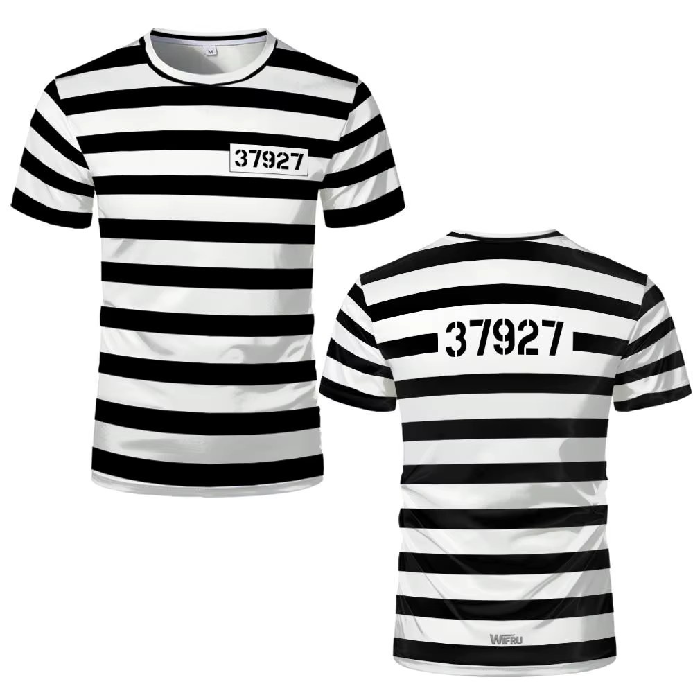 Abstract Prison uniforme style rayé imprimé T-shirt drôle jeu de rôle à manches courtes haut unisex humoristique personnalisé vêtements de rue