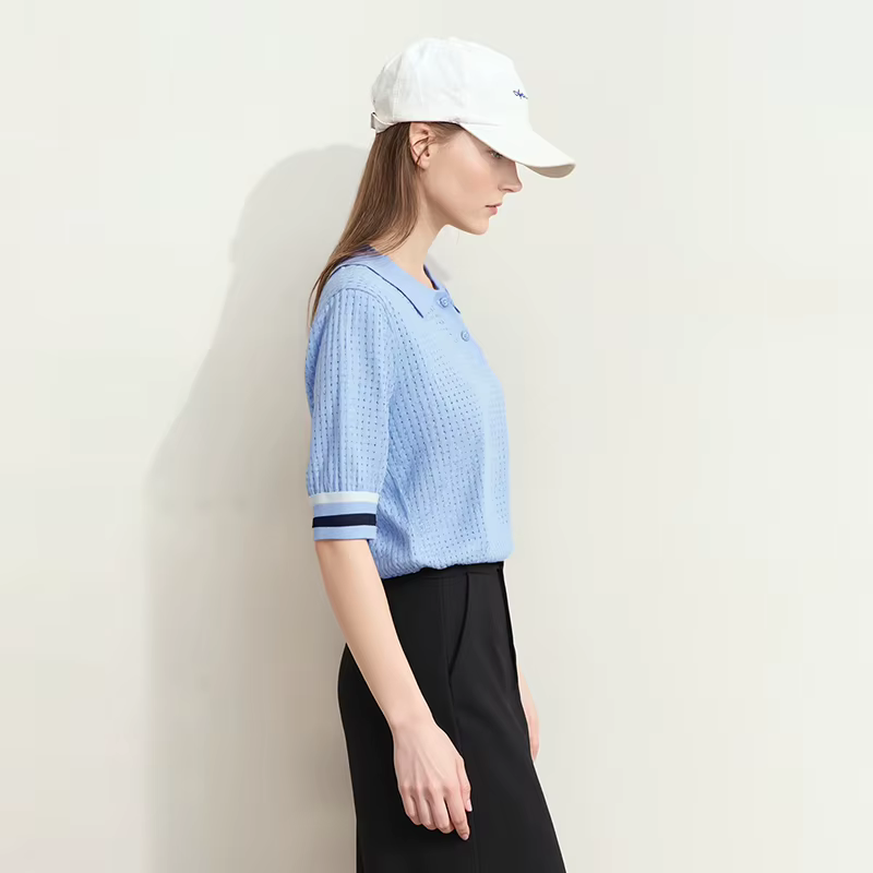 Chemises Polo AMII Femme Printemps 2026 Nouveau Col Revers Décontracté Contraste de Couleurs Rayé Tricoté T-shirts Haut