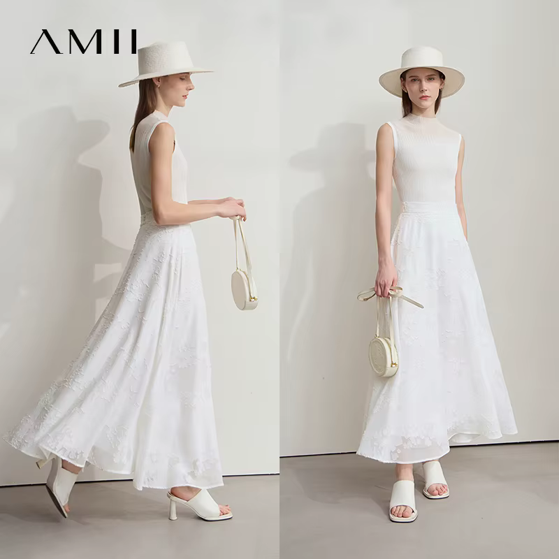 Amii femmes haut minimaliste été nouvelle couleur unie col montant sans manches mince élastique Double courbe fil tricoté Camisole 12542249