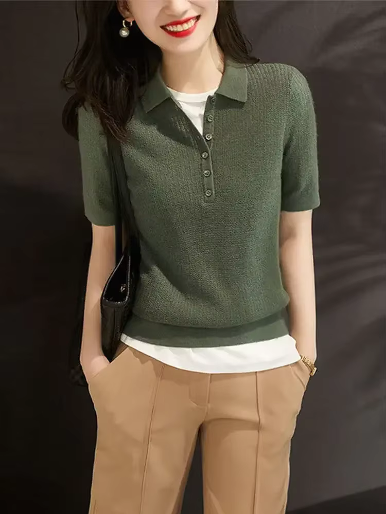 Chemise à col Polo pour femmes bouton uni femme T Slim vêtements