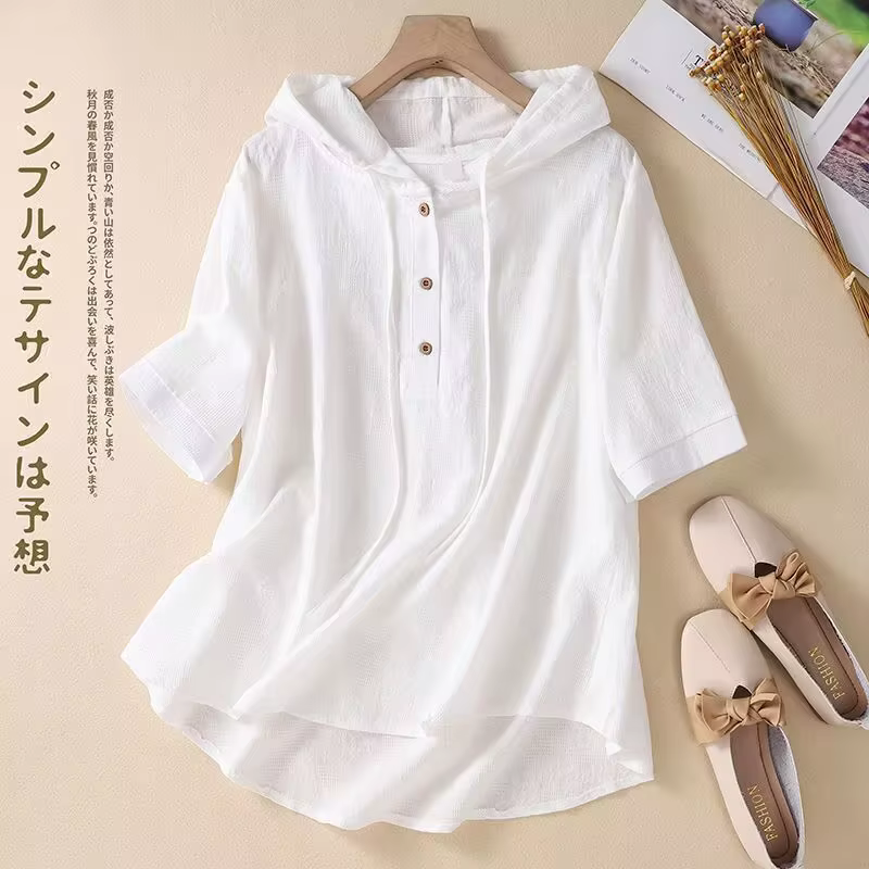 T-shirt à capuche en coton et lin pour femme, haut Jacquard, été