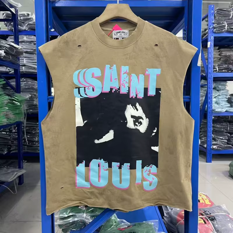 SAINT Débardeur Vintage Homme Sans Manches Effet Vieilli Délavé Style Rétro Streetwear Coupe Ample T-shirt Court