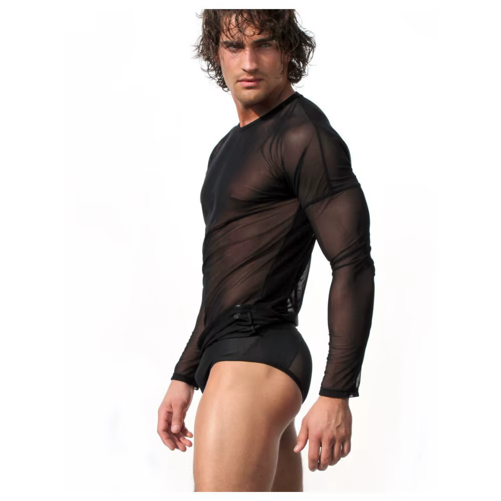 T-shirt à manches longues en filet de pêche en dentelle pour hommes