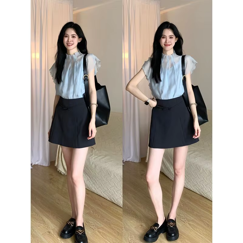 Élégant col mi-haut manches volantes en mousseline de soie chemise transparente Camisole t-shirt femmes taille haute a-ligne jupe été mince trois pièces