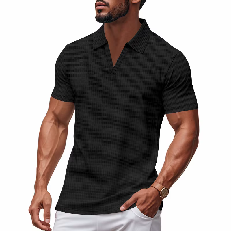 T-shirt Homme Slim Fit Style Américain Décontracté Col Henley Manches Courtes Élastique Col en V Haut de Gamme Été Qualité Supérieure Polo en Soie de Lait