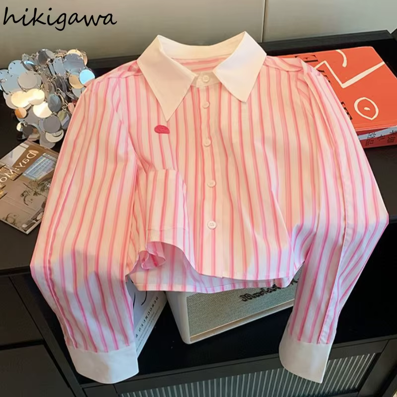 Rose rayé femmes hauts à manches longues tempérament Blouses 2025 Blusas Mujer De Moda mode décontracté été recadrée chemises Blouse