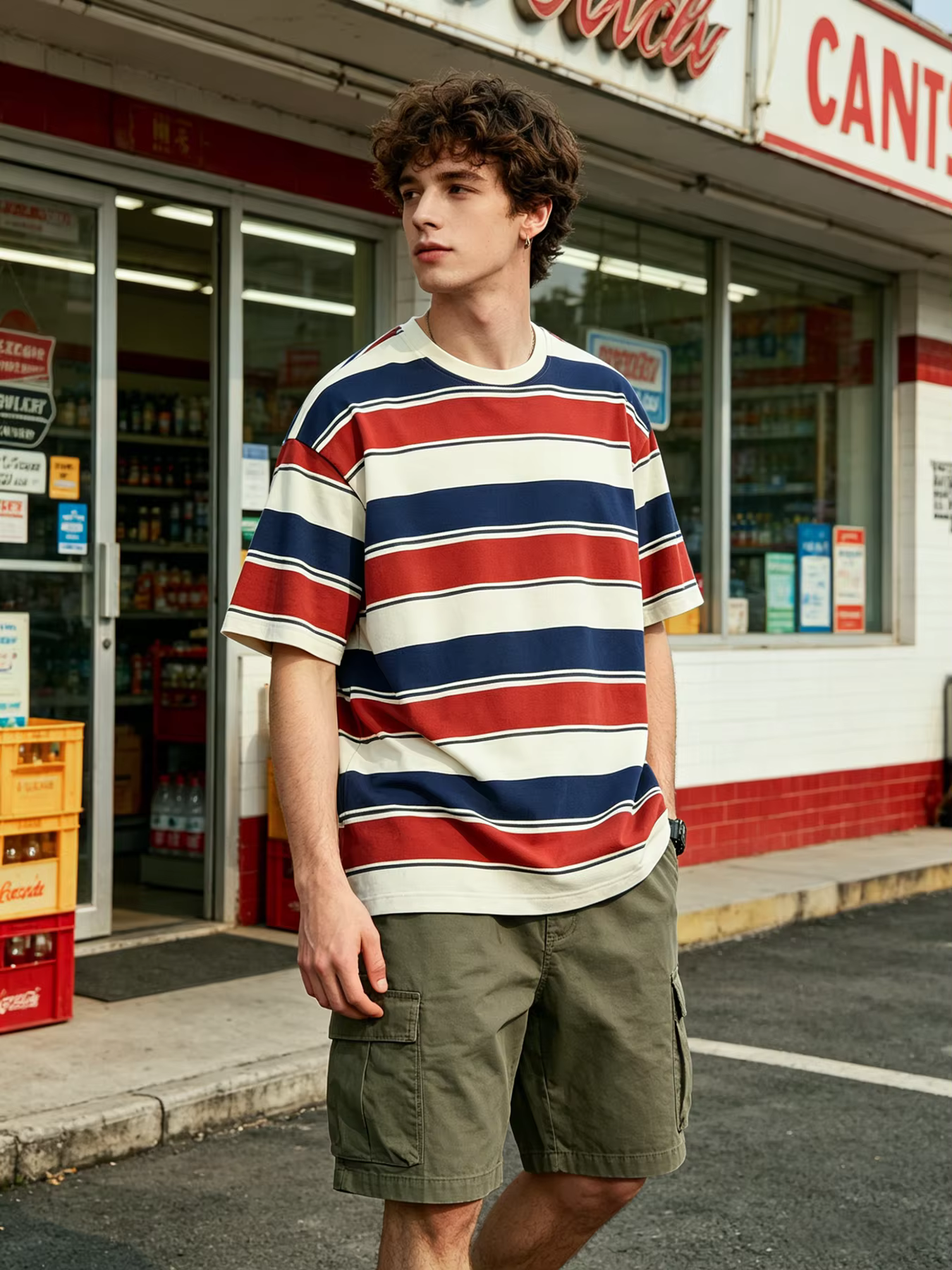 T-shirt rayé rouge, jaune et bleu pour homme