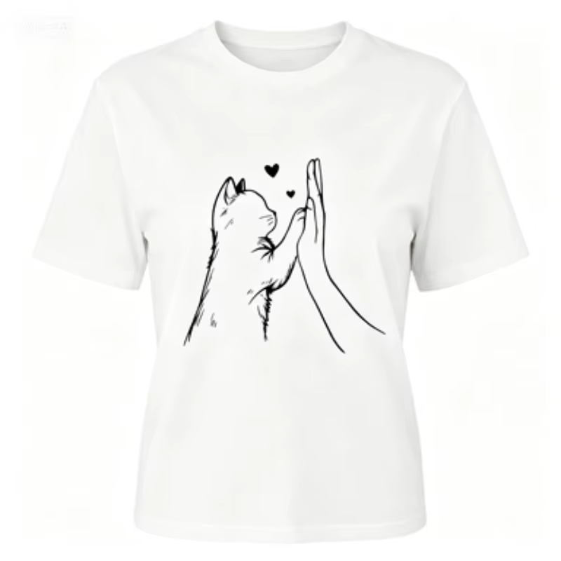 T-shirt, T-shirt graphique avec motif de chat mignon et de main en forme de cœur