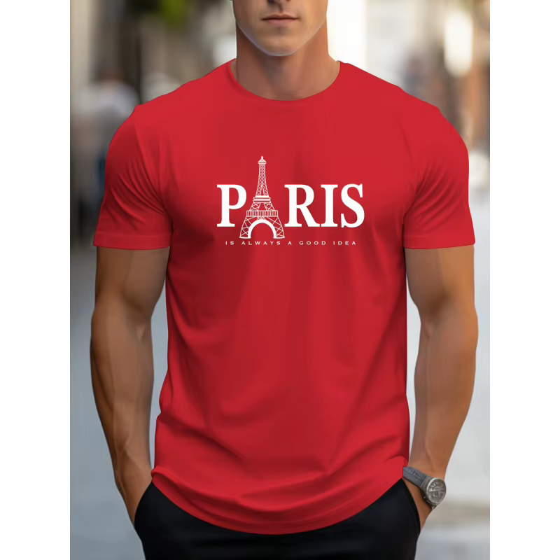 T-shirt à motif Tour Eiffel de Paris pour hommes - Col rond décontracté