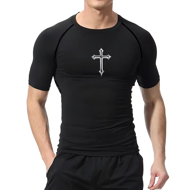 Chemise de compression à imprimé croisé pour hommes, t-shirt athlétique chrétien, hauts d'entraînement de gymnastique, couches de base de course, sous-vêtements, protection contre les éruptions cutané