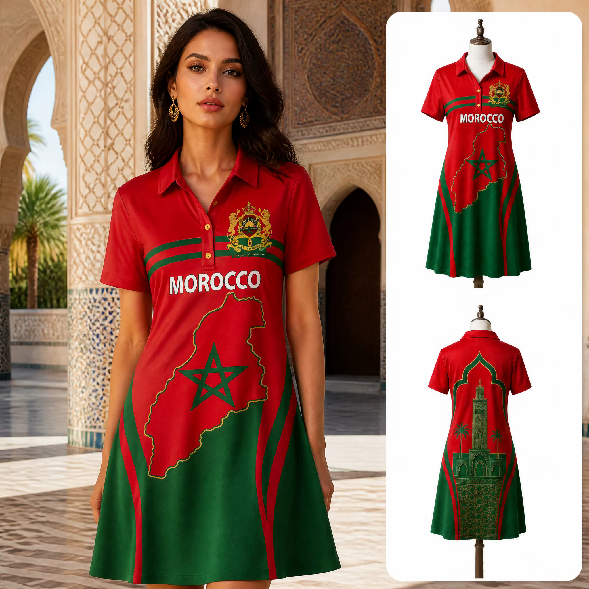 Robe Polo Femme Marocaine Rouge Vert Imprimé Carte Étoiles Manches Courtes Décontractée Coupe Évasée Été Voyage Quotidien Mode Élégante Héritage