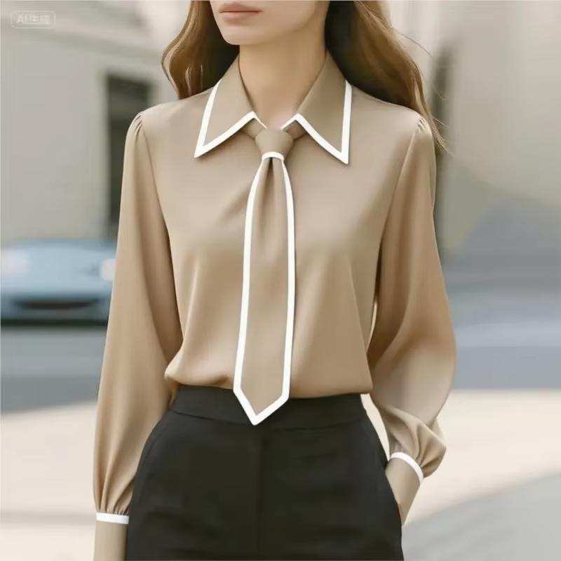 Chemisier pour femmes, chemise à la mode, nœud papillon formel, manches longues, garniture contrastée, vêtements de travail ajustés, chemises de bureau élégantes pour dames
