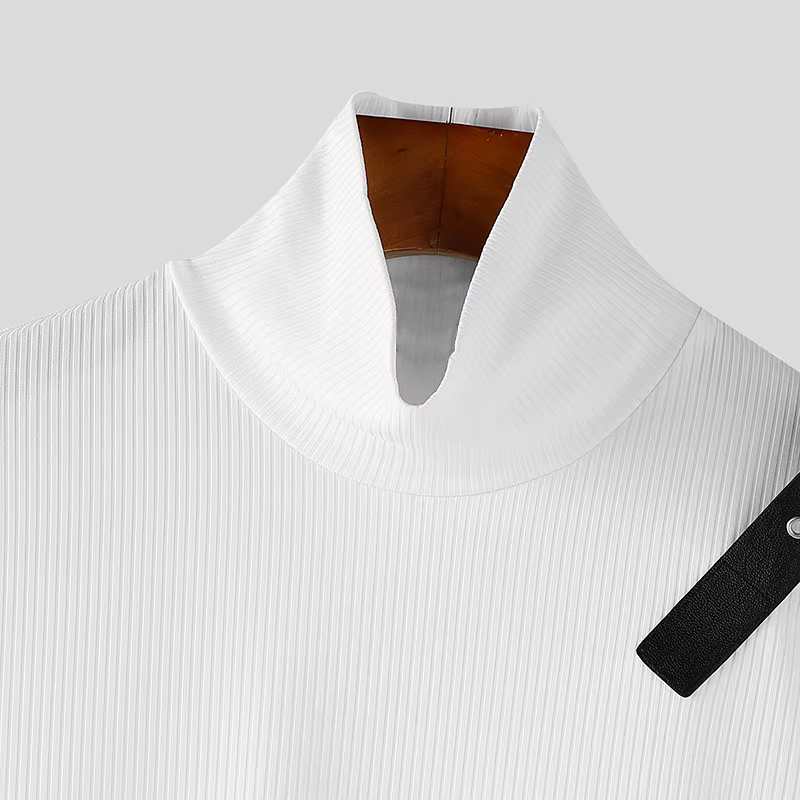 Mode solide fosse rayure T-shirt hommes col montant à manches longues conception irrégulière pull coupe ajustée élastique sport t-shirts Streetwear