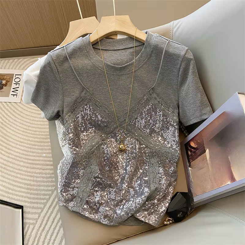Faux 2 pièces t-shirt pour femmes printemps été dentelle Patchwork T-shirts mode coréenne doux à manches courtes Ropa De Mujer
