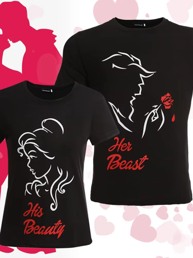 Sa beauté sa bête imprimer Couple t-shirt à manches courtes col rond ample roi reine