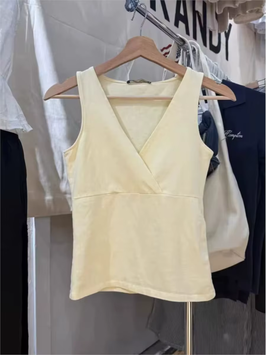 Jaune mince col en v débardeur femmes été décontracté Simple coton sans manches gilet propre fille Preppy Style doux basique Camis OOTD nouveau