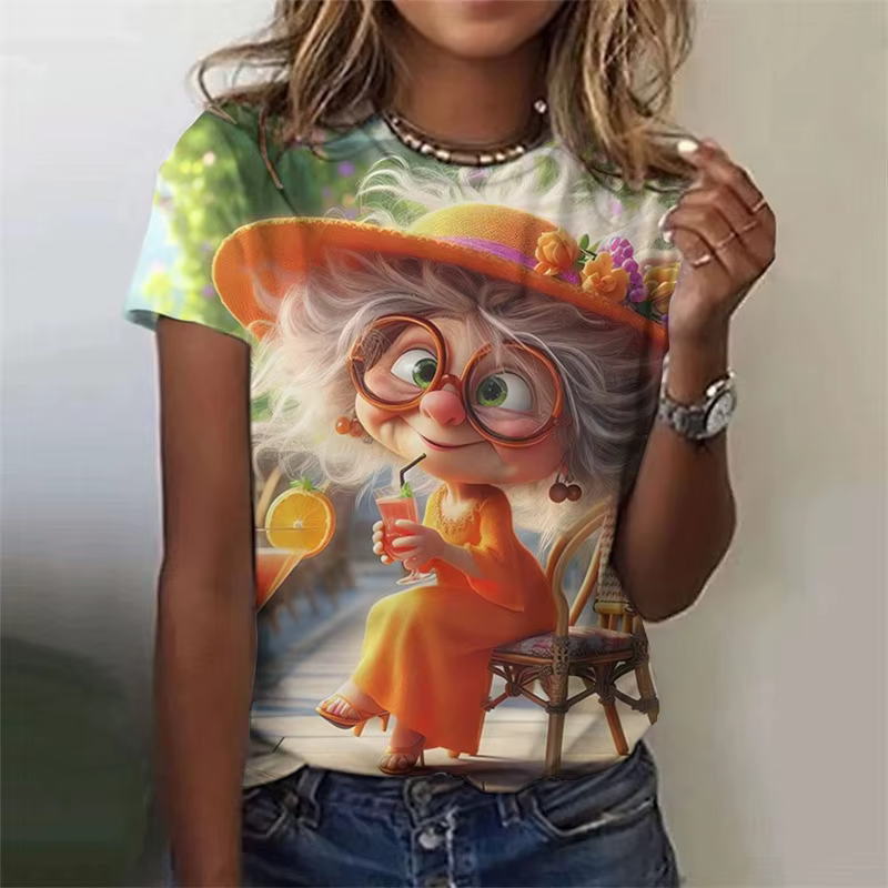 T-Shirt grand-mère de dessin animé imprimé en 3D pour femmes
